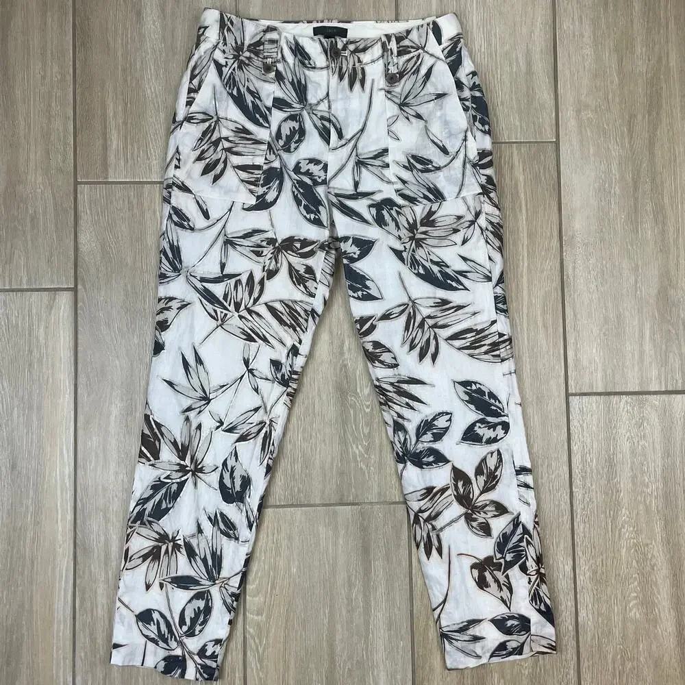 J Crew Linen Pants Womens 2 Ivory Tropical Leaf Print Cropped Lined Resort